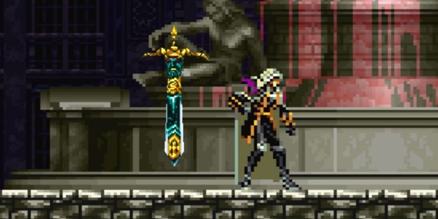 Uma imagem no jogo de um personagem pixelizado passando por uma espada pairando