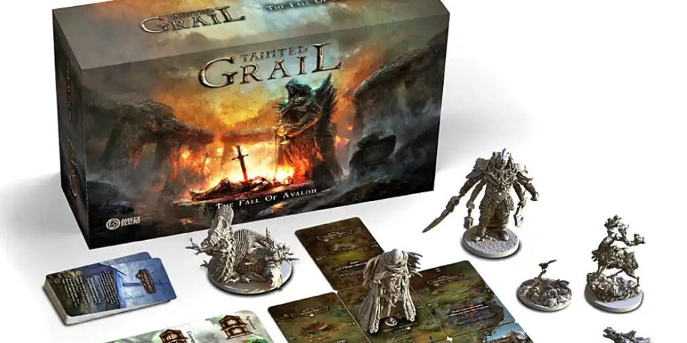 The box and some of the materials for Tainted Grail: The Fall of Avalon