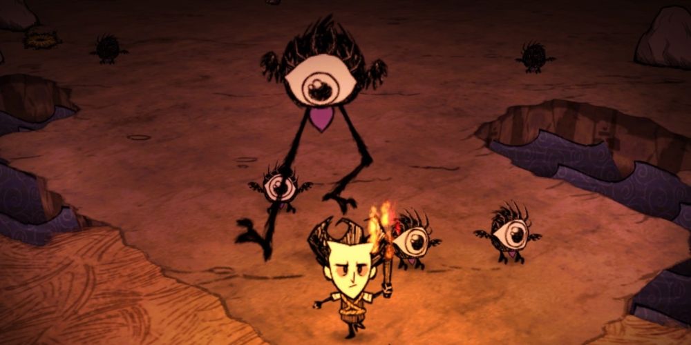 Wilson running from a Tallbird in Don't Starve Together.