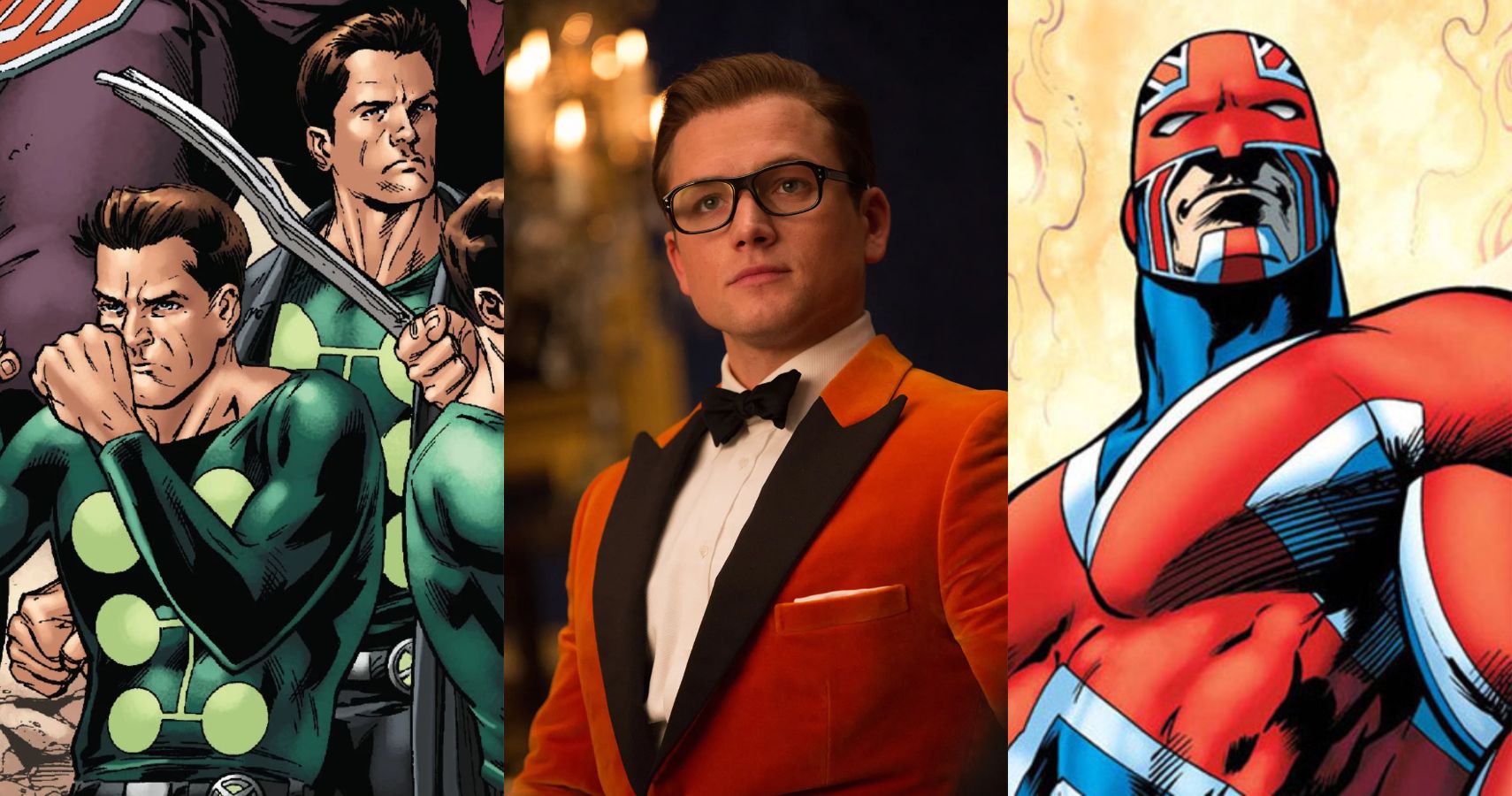 A combined feature image showcasing characters Taron Egerton could play in the MCU such as Multiple Man and Captain Britain