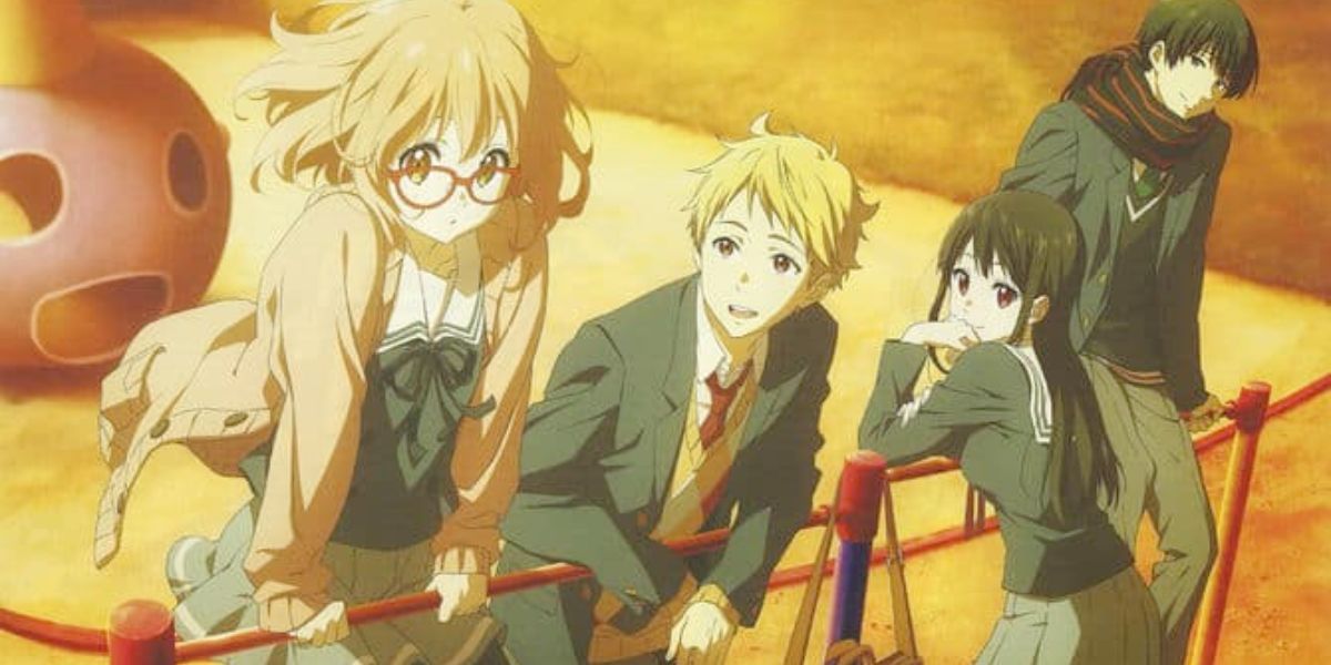 Mirai, Akihito, Mitsuki and Hirōmi sitting and standing along a playground railing (Beyond the Boundary