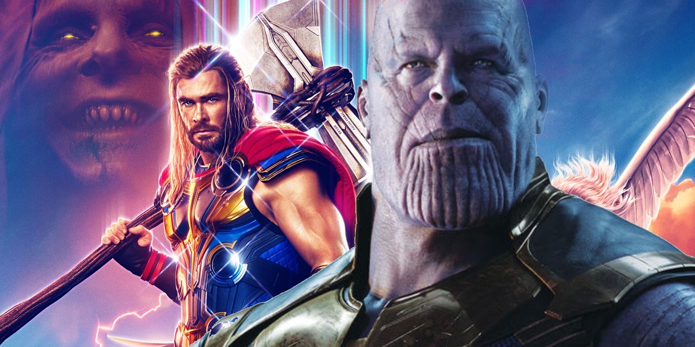 Thanos against the backdrop of Thor and Gorr the God Butcher in a poster for Thor: Love and Thunder.
