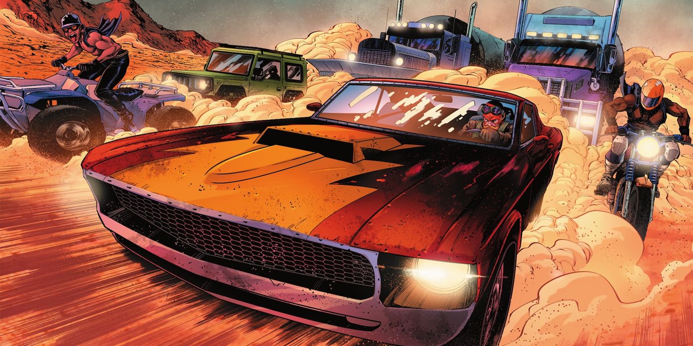 Mad Max racers drive through a desert in a comic book