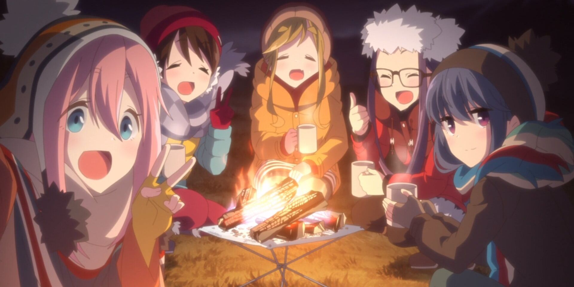 The Girls of Laid Back Camp gathered around a campfire