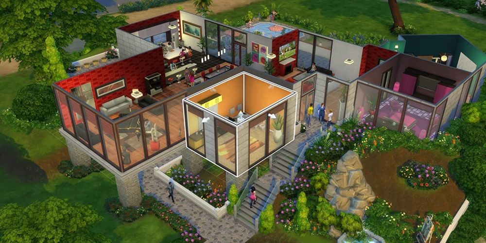 A house with several Sims outside in The Sims 4 game.