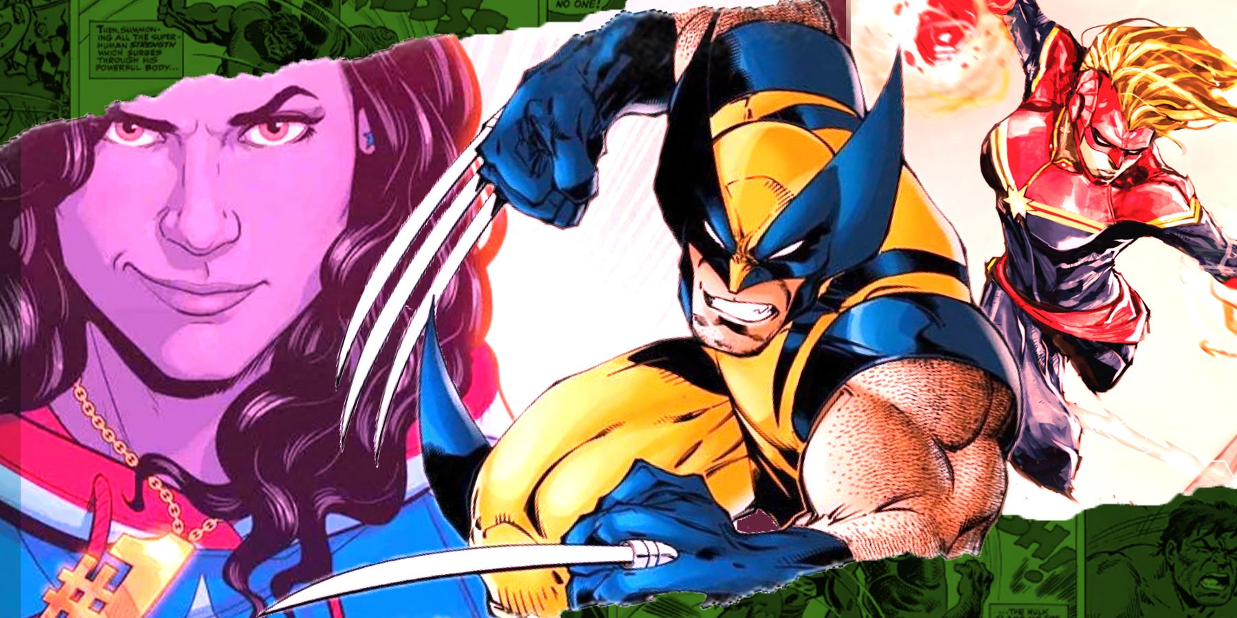 A collage of Wolverine, Captain Marvel, and America Chavez from Marvel Comics