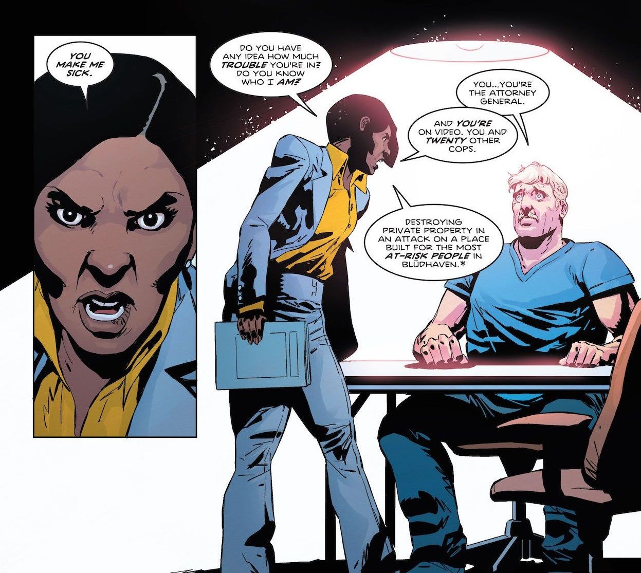 The attorney general interrogating the cop in Nightwing #94