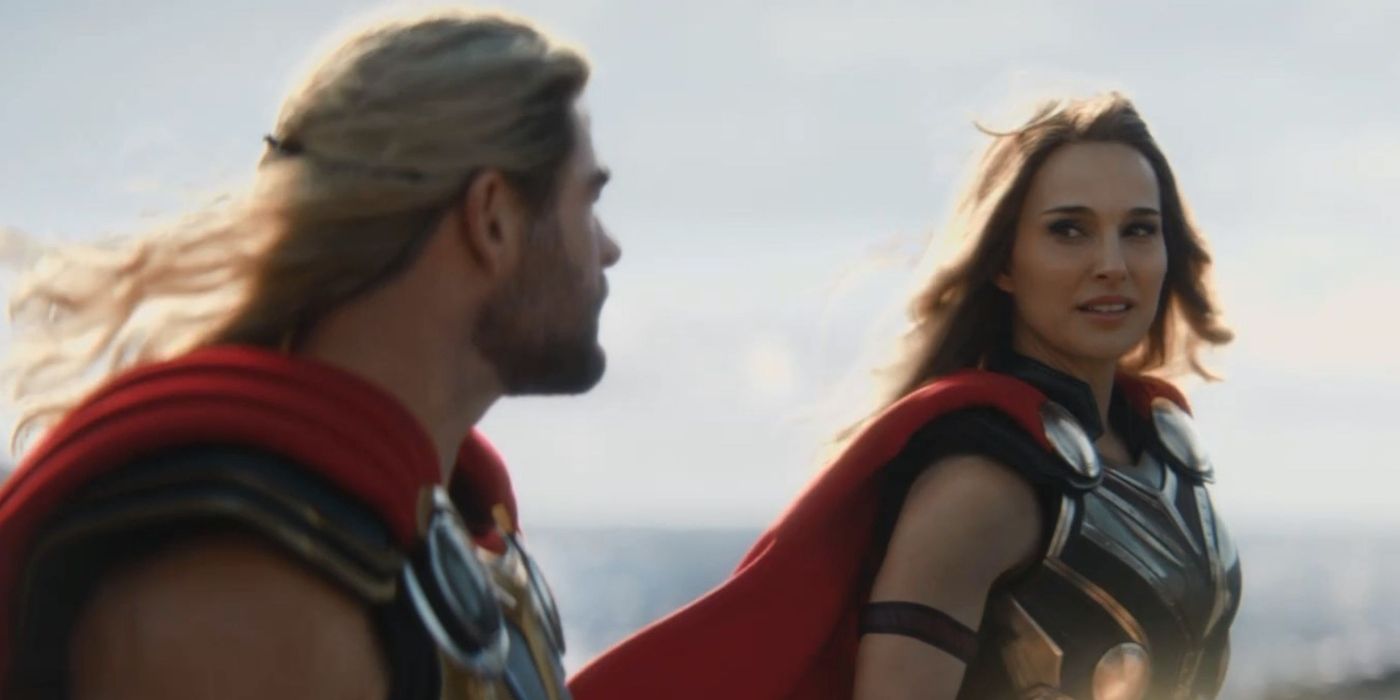 Jane Foster's Thor smiles at Chris Hemsworth in Thor: Love and Thunder