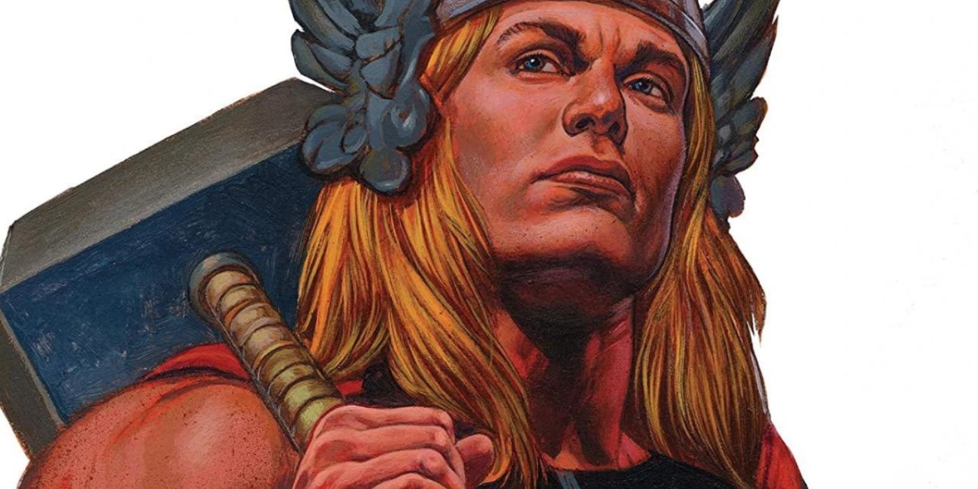 Thor looks off to the side while resting his hammer on his shoulder.