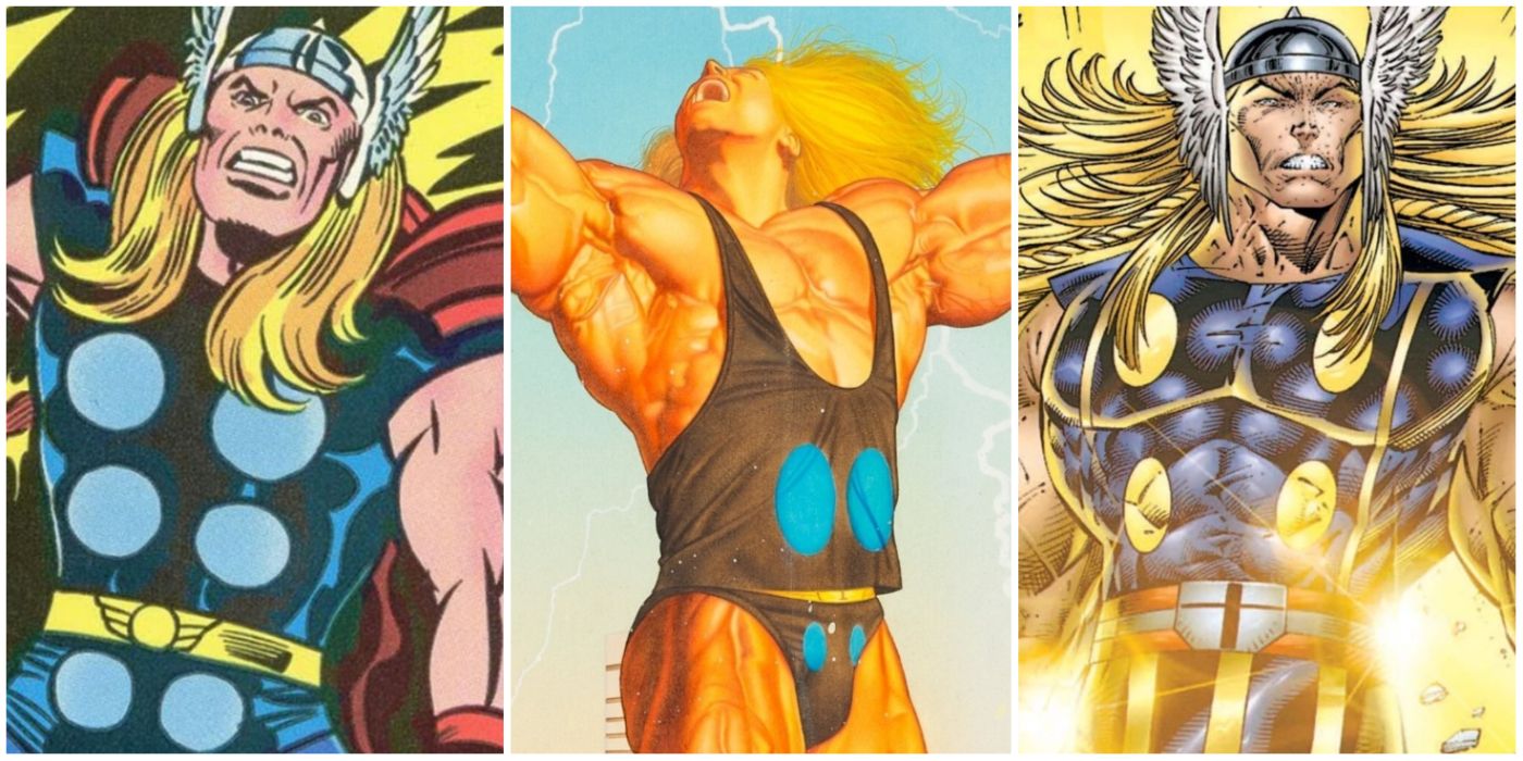 Left: An angry classic Thor. Middle: Thor donning his swimsuit. Right: Thor drawn by Rob Liefeld.