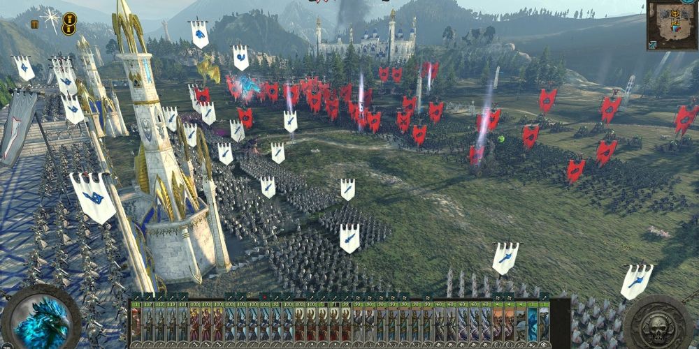 A High Elf army defending a city in Total War: Warhammer II