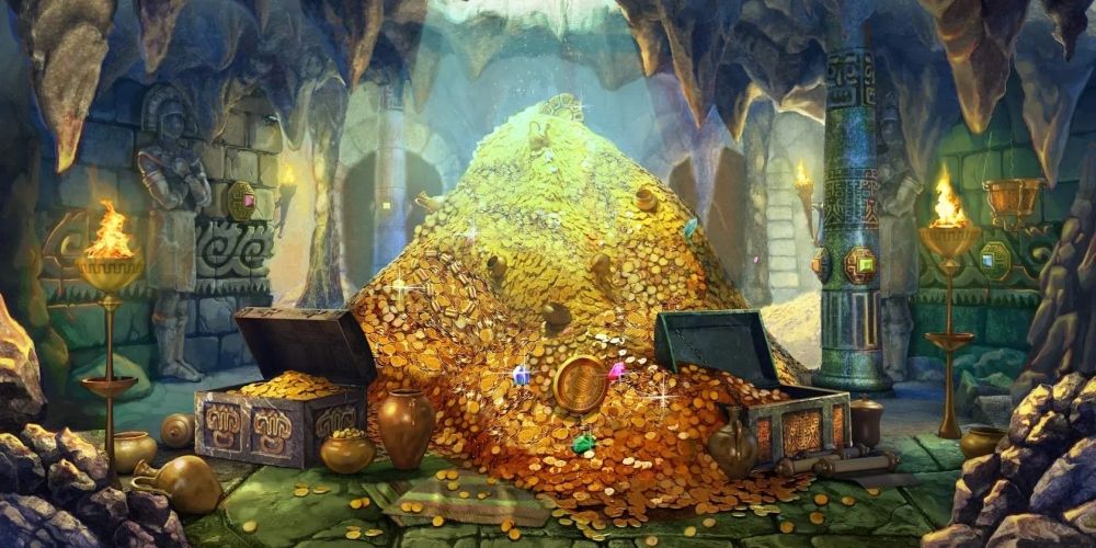 A pile of gold coins and other treasures in DnD