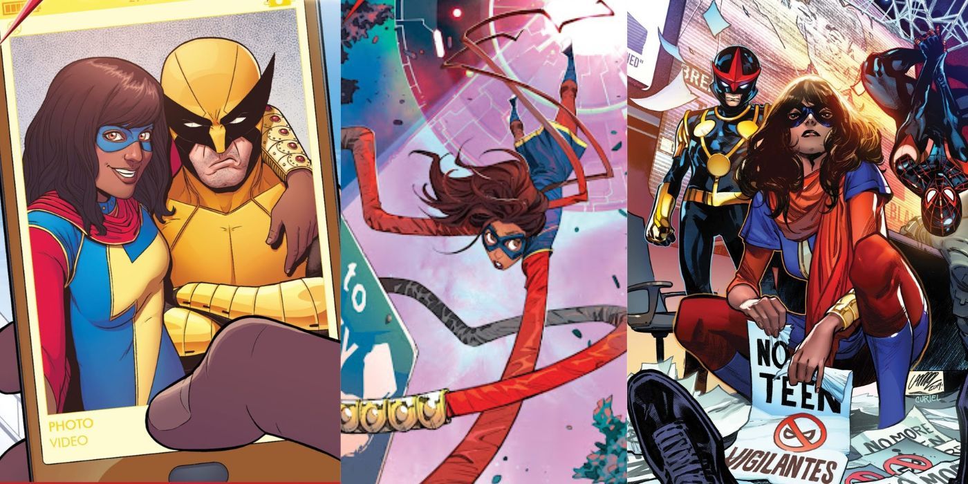 A split image of Ms Marvel's selfie with Wolverine, her being stretched, and with Miles Morales and Nova