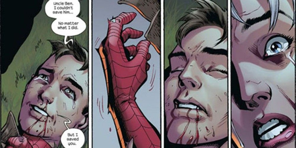 Peter Parker peacefully dies, knowing he saved Aunt May.