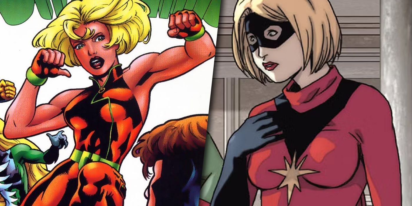 Split image of Ultragirl in her original costume and as Ms Marvel