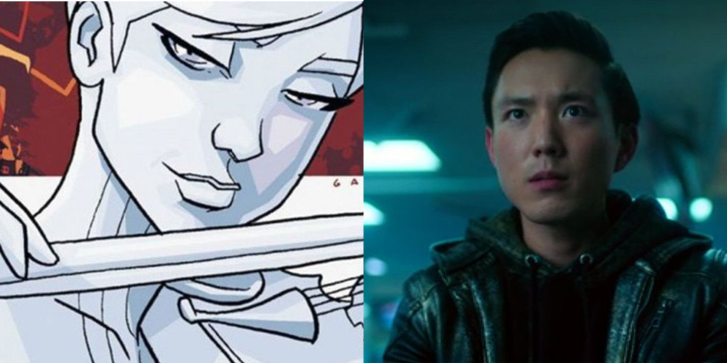 A split image of the White Violin from Umbrella Academy comics and Ben from the Netflix series
