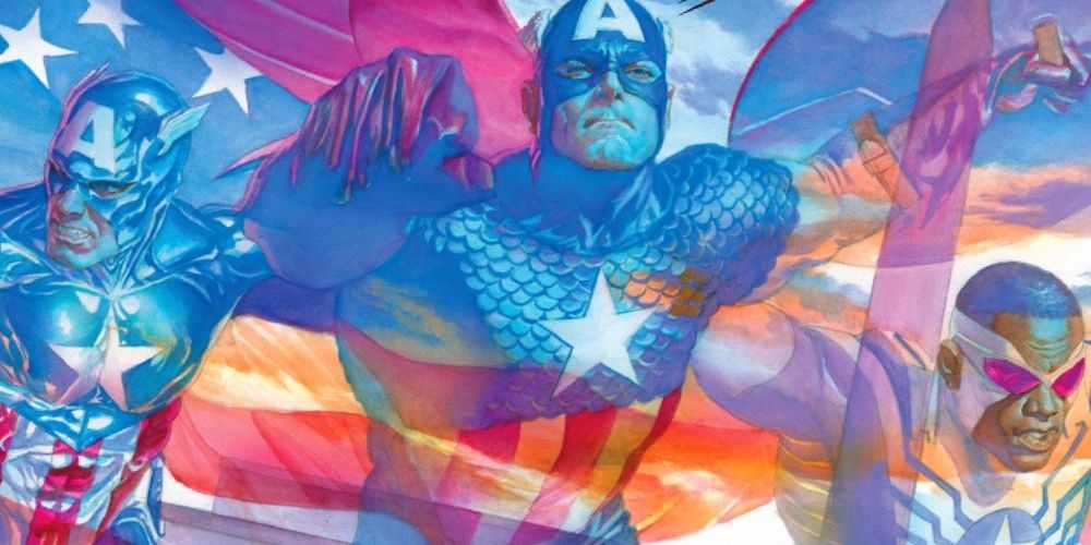 A composite image of Steven Rogers, Bucky Barnes, and Sam Wilson as Marvel Comics Captain America