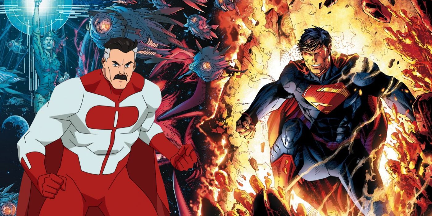 A split image of Omni-Man from Invincible vs DC Comics' Superman