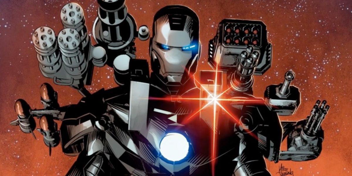 Marvel Comics' War Machine deploying automatic guns and lasers