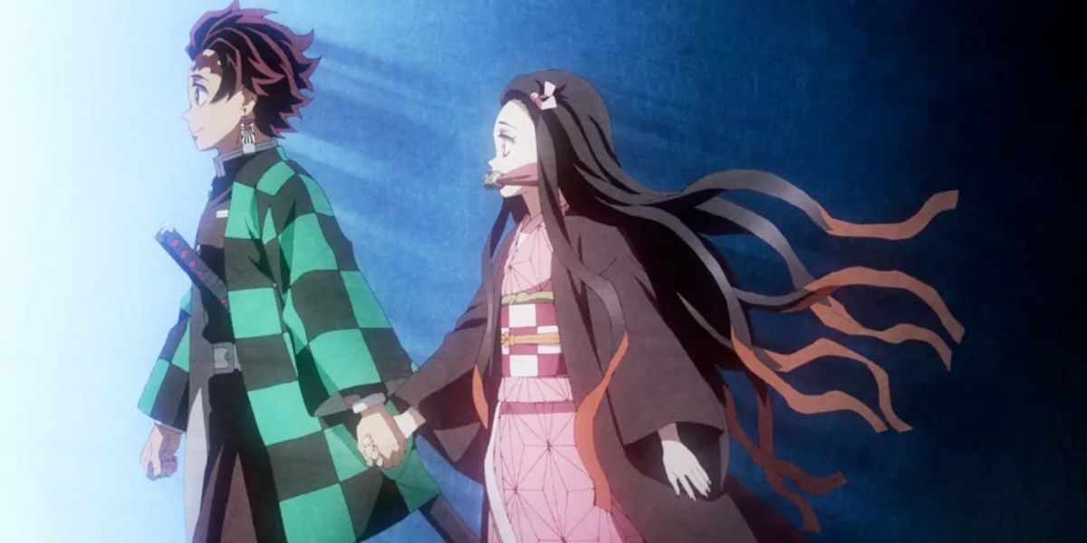 Tanjiro and Nezuko are holding hands and walking forward (Demon Slayer)