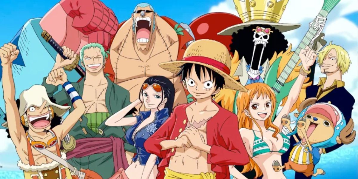 The Straw Hat Pirates are cheering or posing in One Piece.