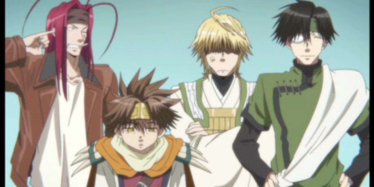 Sanzo, Goku, Gojyo, and Hakkai looking tired (Saiyuki)