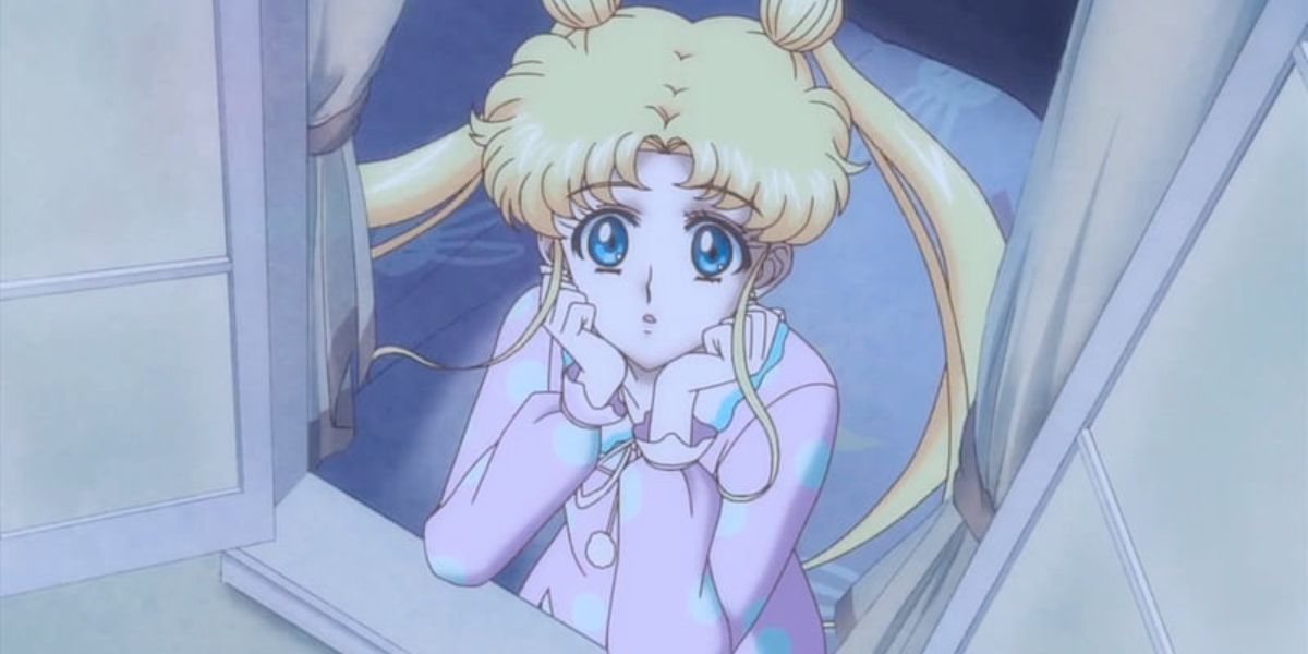 Usagi is staring out her window (Sailor Moon [Crystal], 2014)