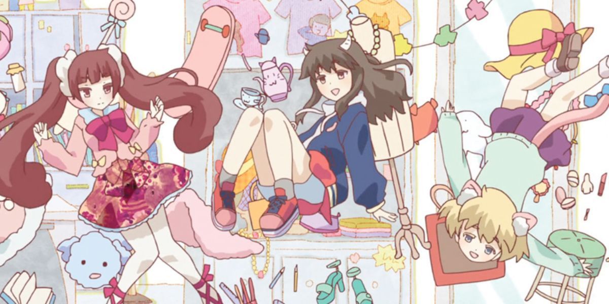 Image features a visual from Urahara: (From left to right) Mari Shirako (reddish-brown pigtails and red and pink top and skirt), Rito Sudou (long, brown hair, devil horns, and blue school uniform), and Kotoko Watatsumugi (short, blonde hair, green sweater, and purple skirt) are floating.