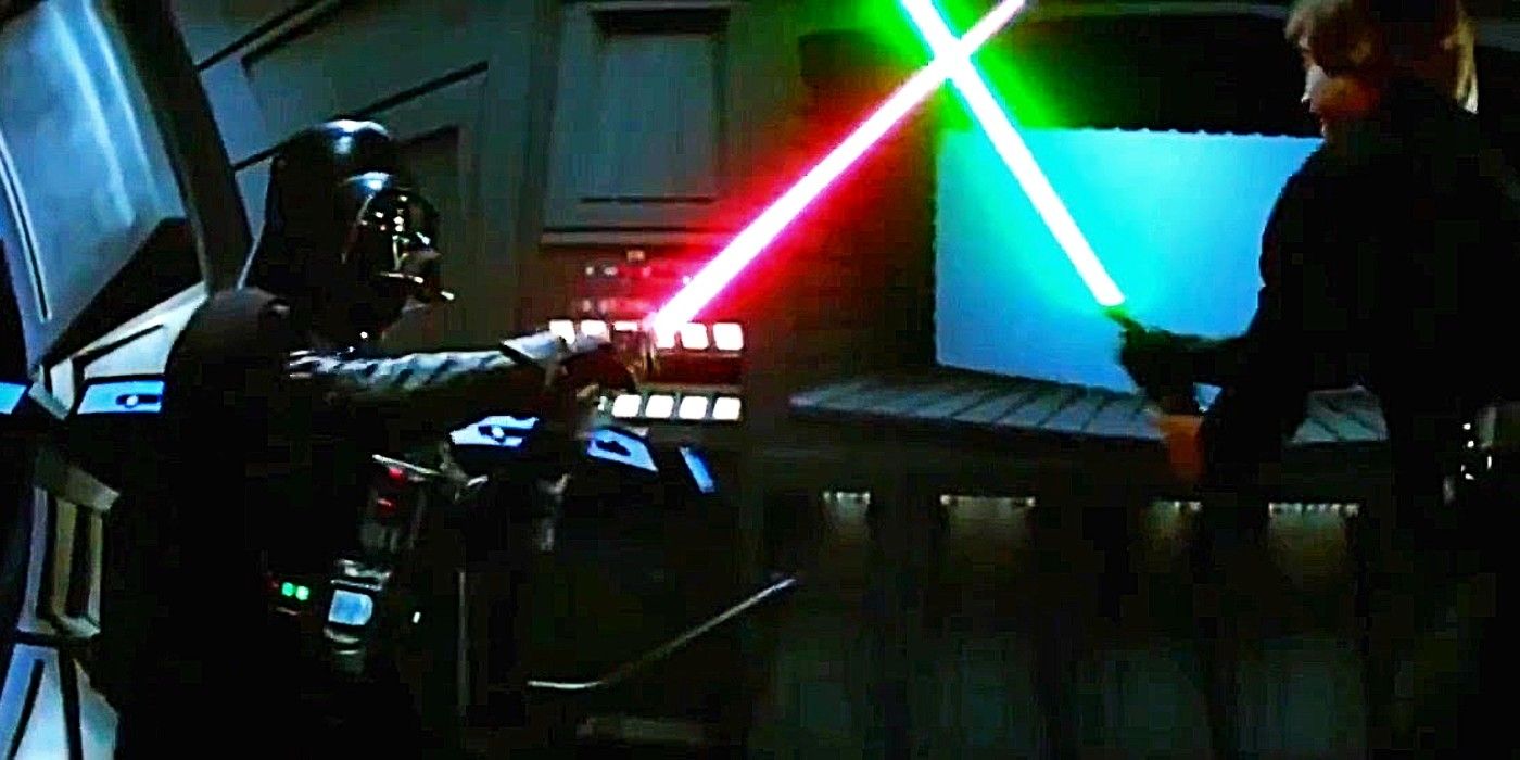 Vader and Luke cross sabers in Star Wars Return of the Jedi