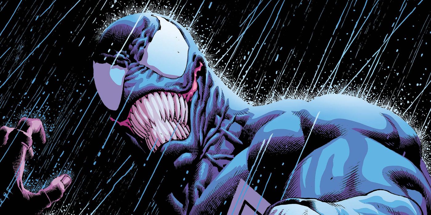 Venom from Marvel Comics snarling in the rain