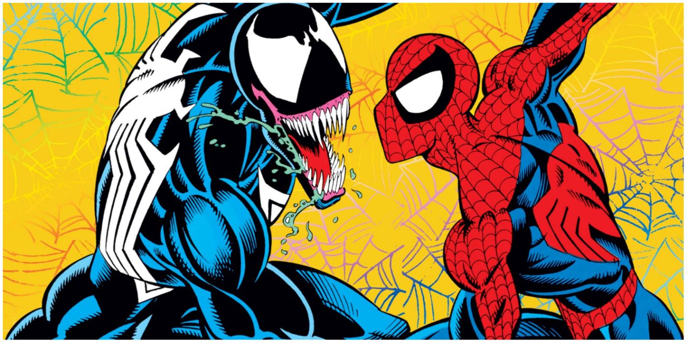 Venom snarls at Spider-Man with his mouth open in Marvel comics.