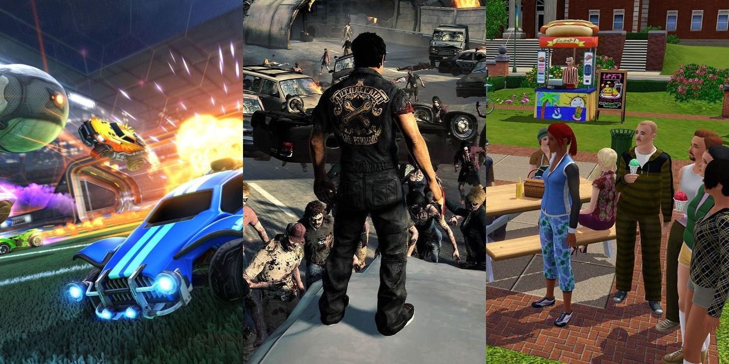 Split Image of Rocket League, Dead Rising, and The Sims gameplay