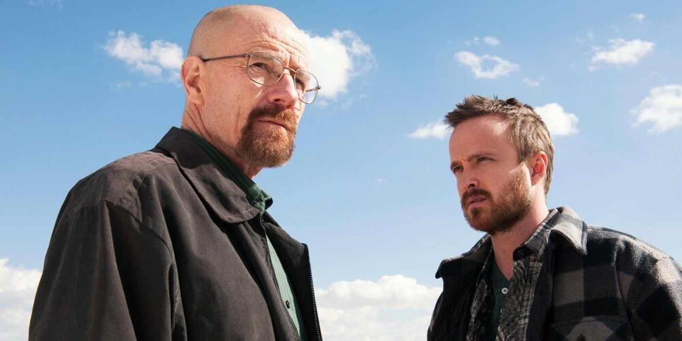 Breaking Bad's Walter White and Jesse Pinkman standing against a partly cloudy desert sky