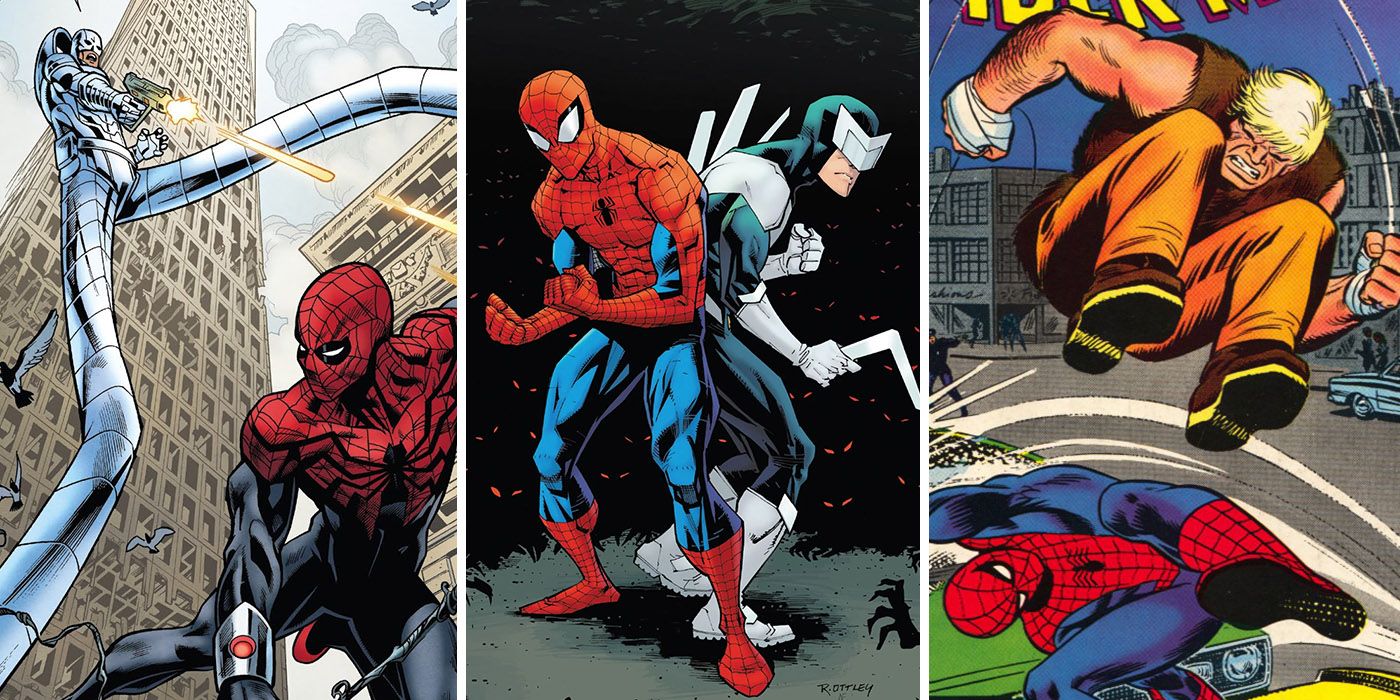 A split image where Marvel's Spider-Man battles Stilt-Man, Boomerang, and Kangaroo