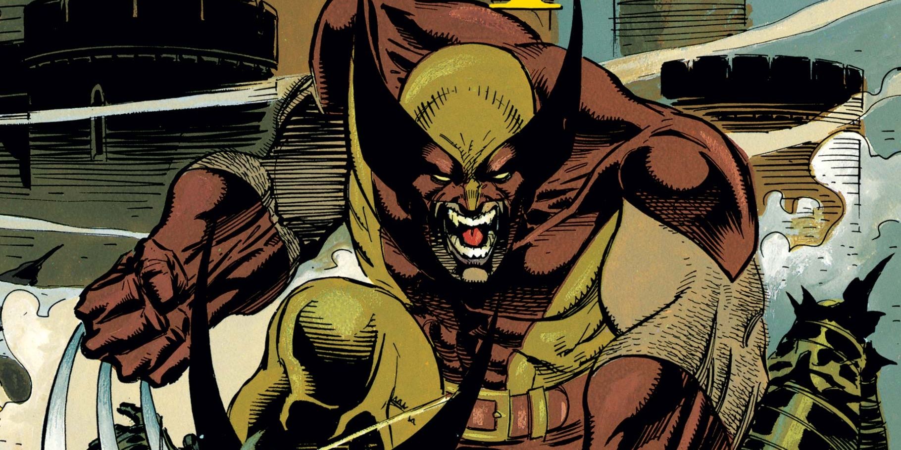Wolverine snarls while wearing his yellow and brown costume