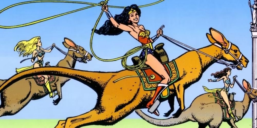 Wonder Woman riding Jumpa the kangaroo