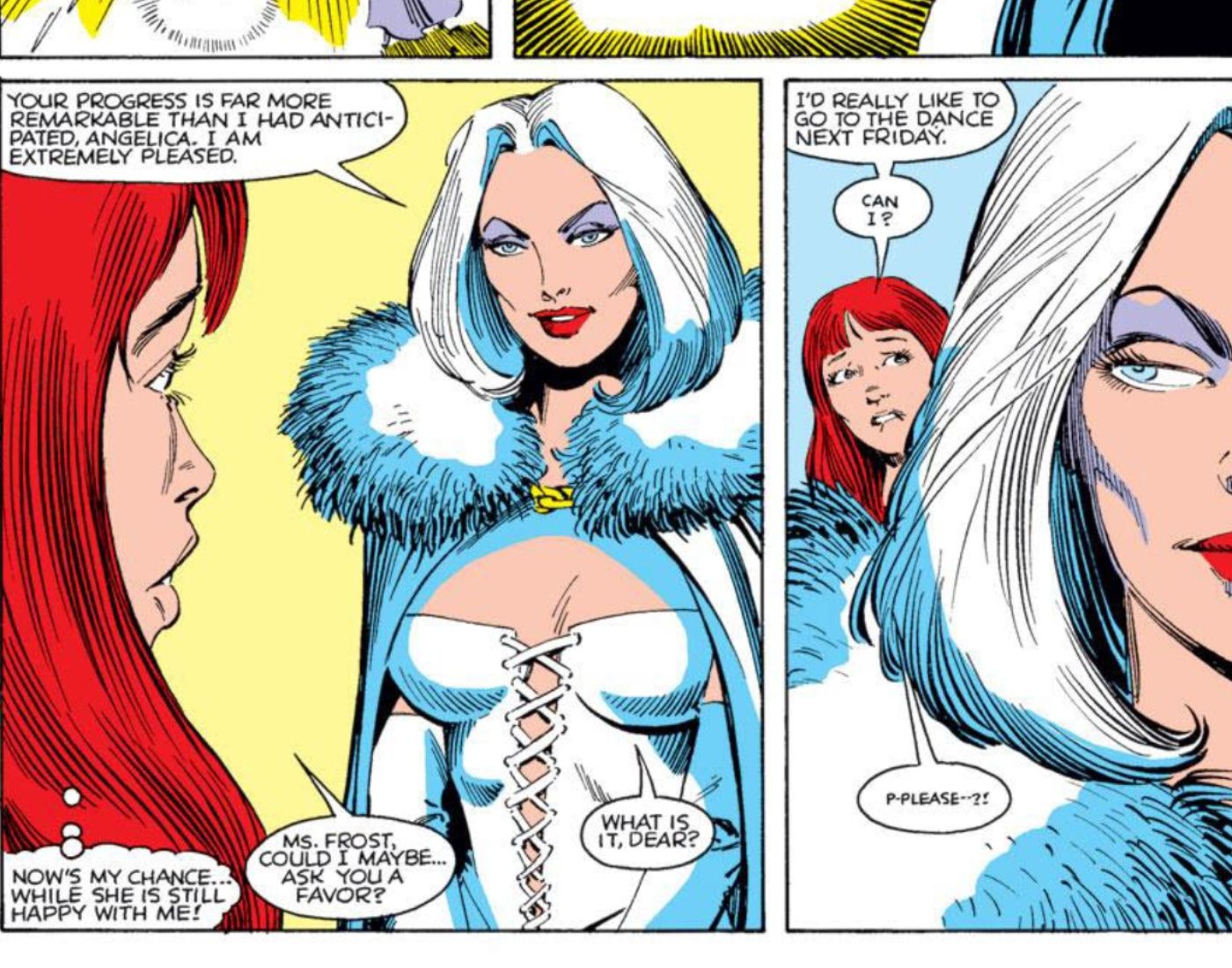 Emma Frost offers to mentor Angelica Jones, who would become the mutant Firestar. 