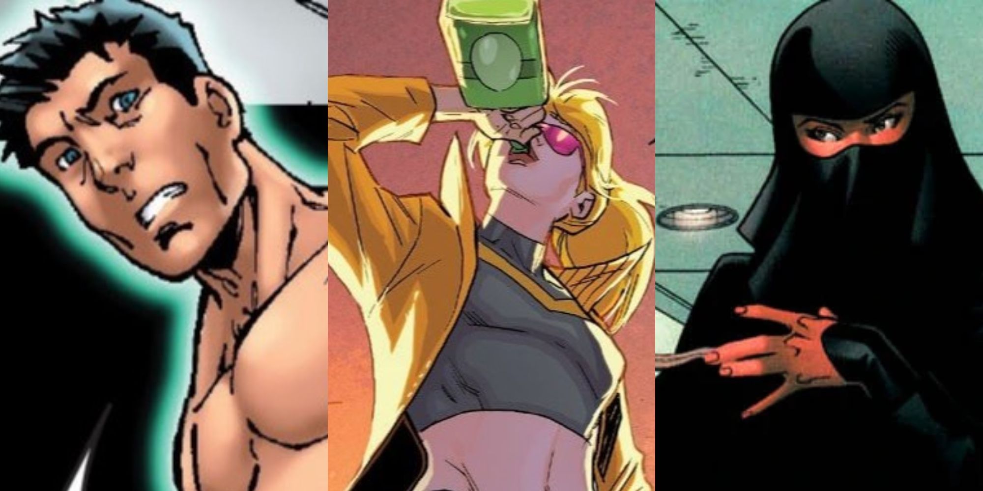 A split image of the X-Men's Hellion, Boom Boom, and Dust from Marvel Comics