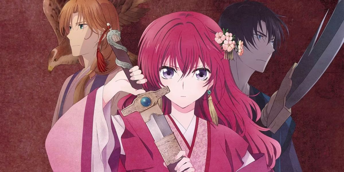 Yona is brandishing a sword while Soo-won and Hak stand behind her in Yona of the Dawn.