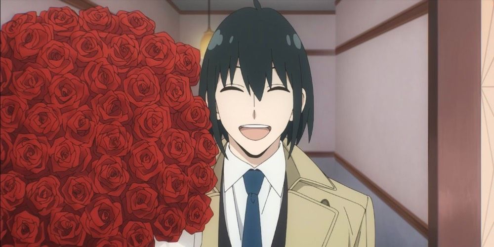 Yuri Briar from Spy x Family smiling with flowers.