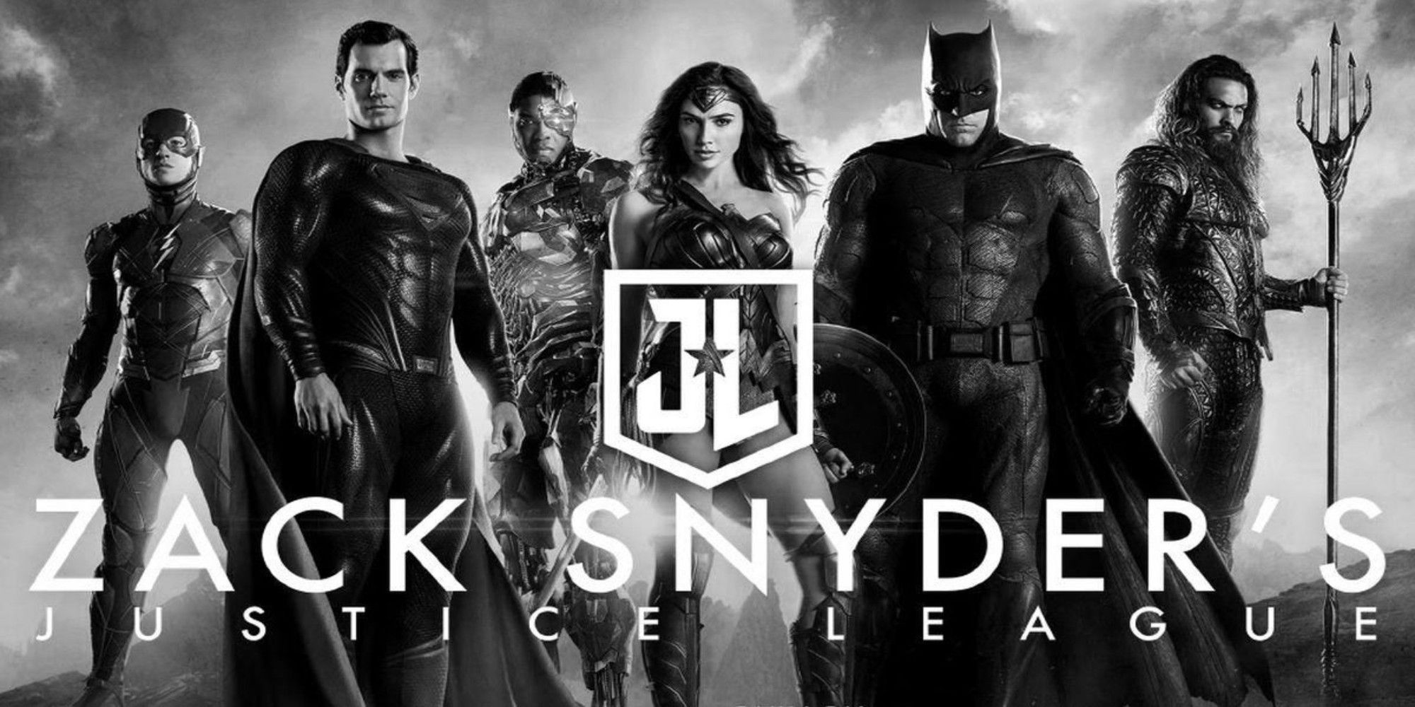 A black and white poster featuring the superheroes involved in Zack Snyder's Justice League 