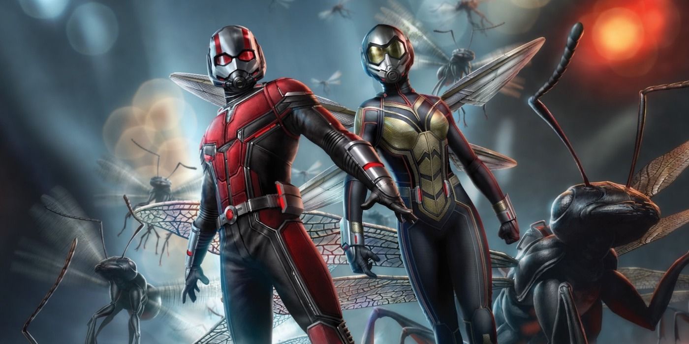 Ant-Man and The Wasp with flying ants around them in Ant-Man and The Wasp.