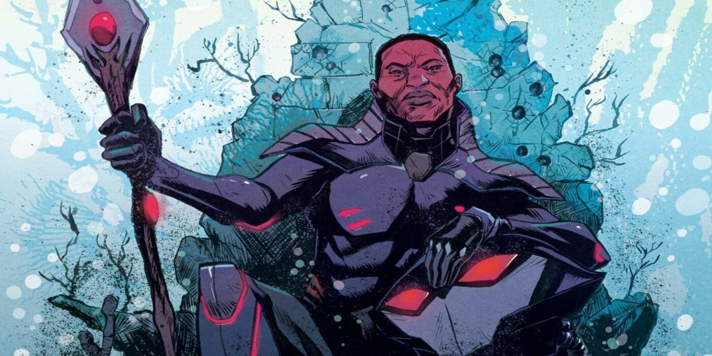 Black Manta from DC Comics sitting on a throne. 