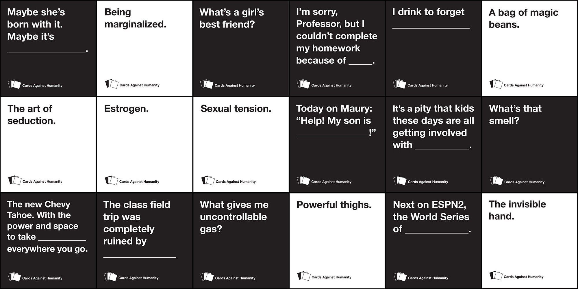A selection of both black and white cards from Cards Against Humanity.