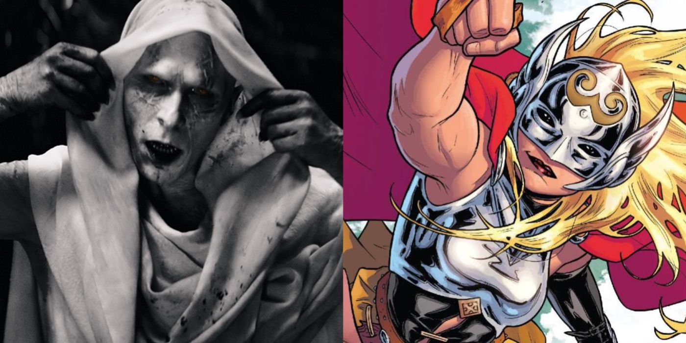 A split image showing Christian Bale as Gorr, and the Mighty Thor from the comics