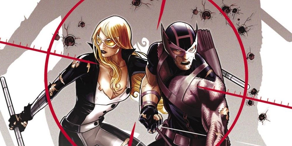 Hawkeye and Mockingbird in crosshairs from the 2010 comic