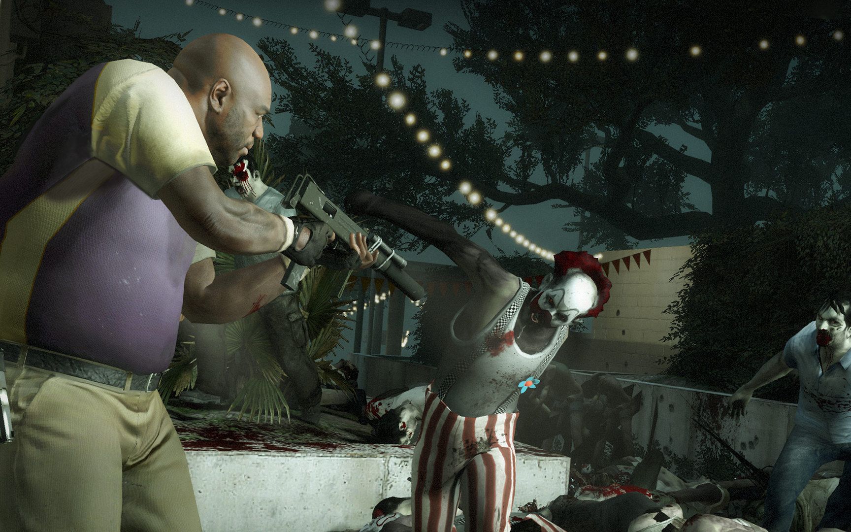 Coach takes aim at a clown zombie in Left 4 Dead 2