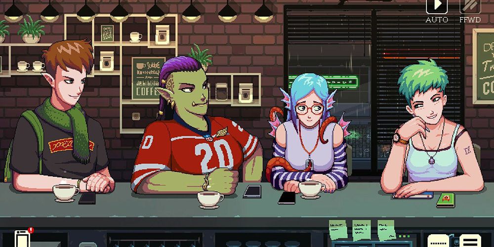 An elf, an orc, a succubus, and a human sitting at a cafe counter