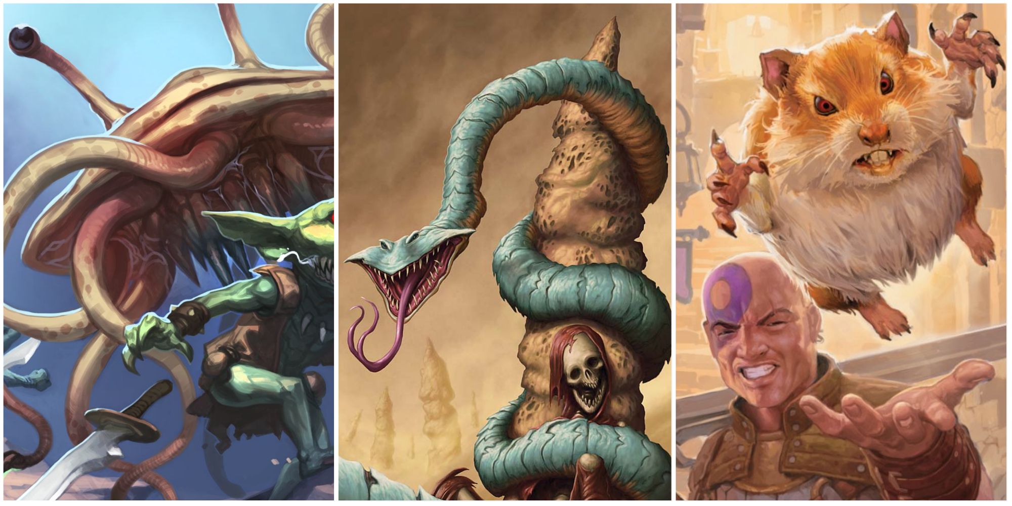 A collage of a flumph, a jellyfish-like creature, attacking Pathfinder goblins, a serpentine creature called a silk wyrm from Dark Sun, and Boo the miniature giant space hamster from Magic the Gathering
