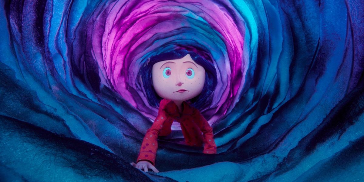 Coraline crawling through the eerily lite purple tunnel leading to the other world.